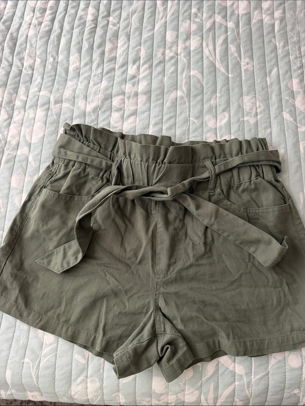 High-Waist Paperbag Tie Shorts in Olive Green - Women's
